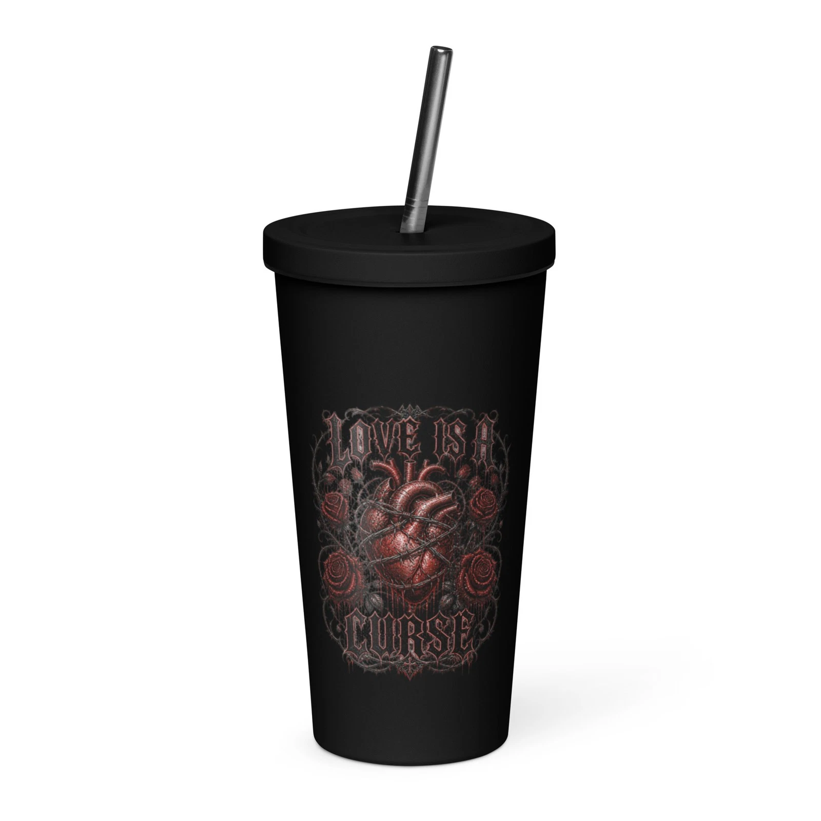 Sick Satisfaction – LOVE IS A CURSE – Dark Romantic Gothic Insulated Tumbler with Straw